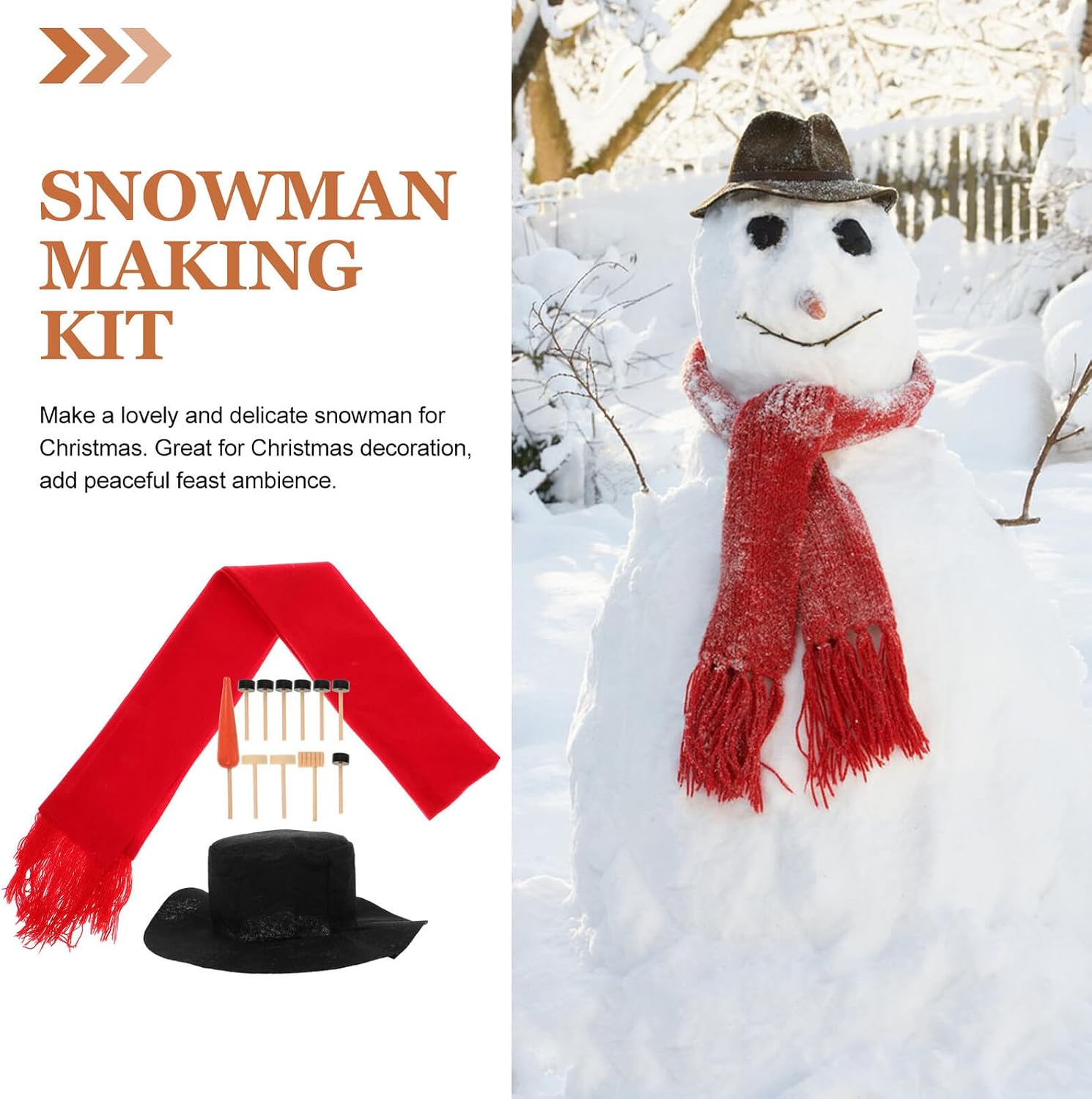 Snowman Decorating Kit Winter Holiday Outdoor Accessories Included Hat Scarf Wooden Eyes Mouth Button Nose