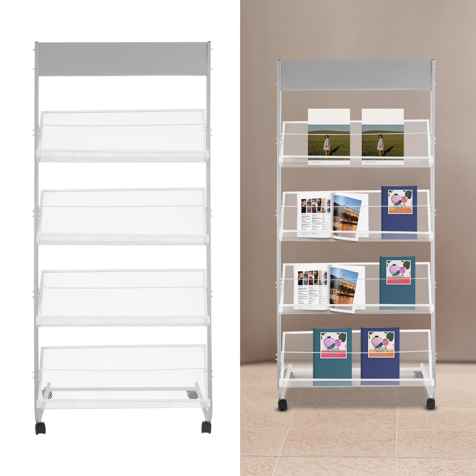 Revistero de 4 niveles con ruedas, soporte para revistas y folletos, 63x36x148 cm