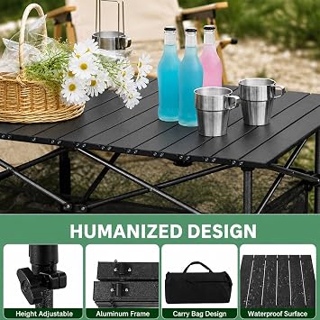 Folding Camping Table 120x55cm, Portable Aluminium Roll Up Picnic Table with Storage Net & Carry Bag, Lightweight Outdoor Table for Camping BBQ Garden Fishing Black