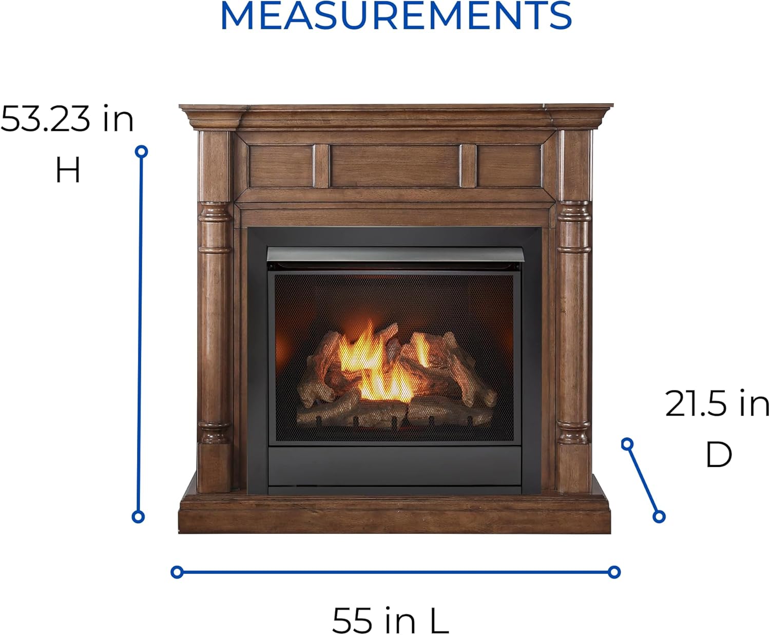Diagram illustrating the dimensions of the fireplace system: 55 inches L, 53.23 inches H, 21.5 inches D
