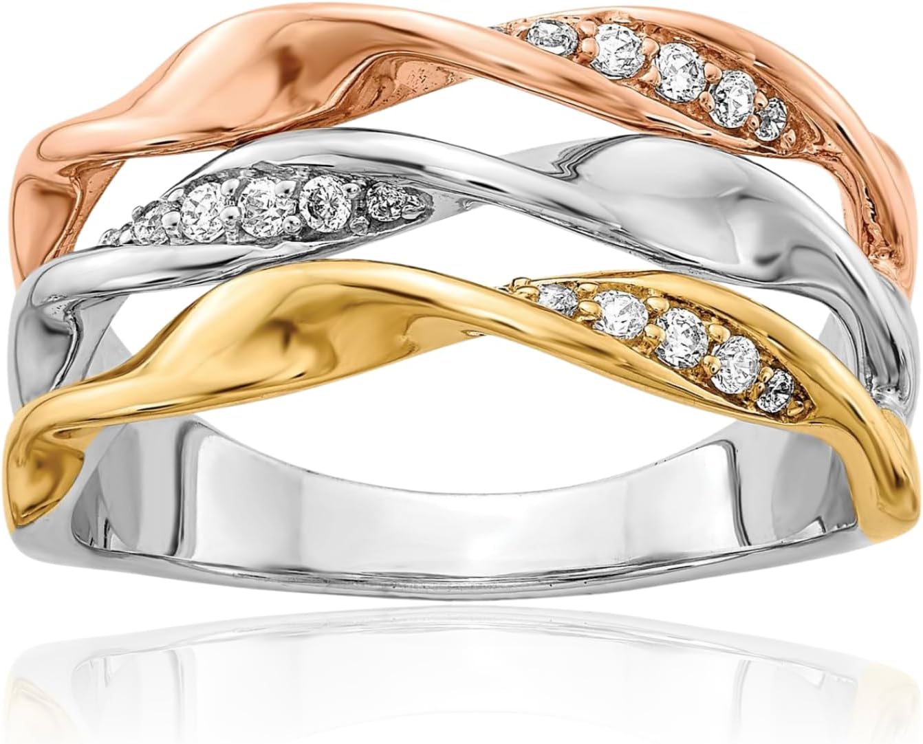 IceCarats 14K Solid Tri Color Gold 0.16 carat Diamond Twisted Crisscross Anniversary Ring 3mm Slim Band Round Cut, Natural, Prong Set