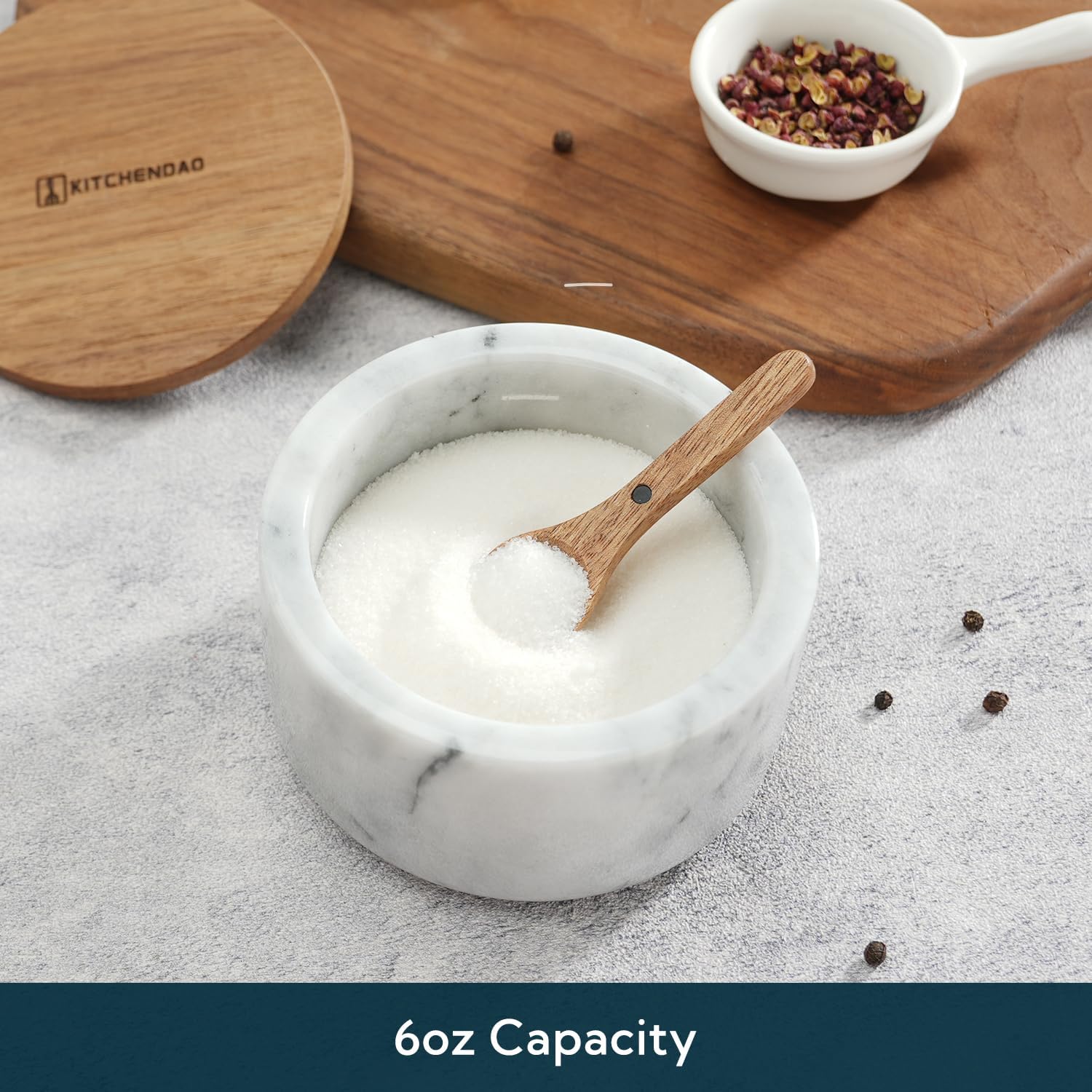 KITCHENDAO Marble Salt Cellar Box Bowl with Magnetic Built-in Spoon, Marble Salt Container with Acacia Wood Lid & Spoon, Elegant Modern Countertop Spice Bowl & Salt Box Keeper, 6oz Capacity