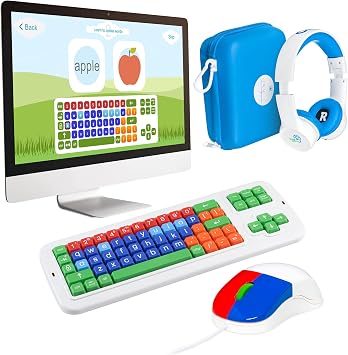 Clevy ABC Maestro Home School Bundle - Clevy Keyboard 3 Tri-Mode Lowercase, Kids Mouse, Blue Hearsafe Kids Headphones and ABC Maestro Home Edition - Multilingual Tutor Software