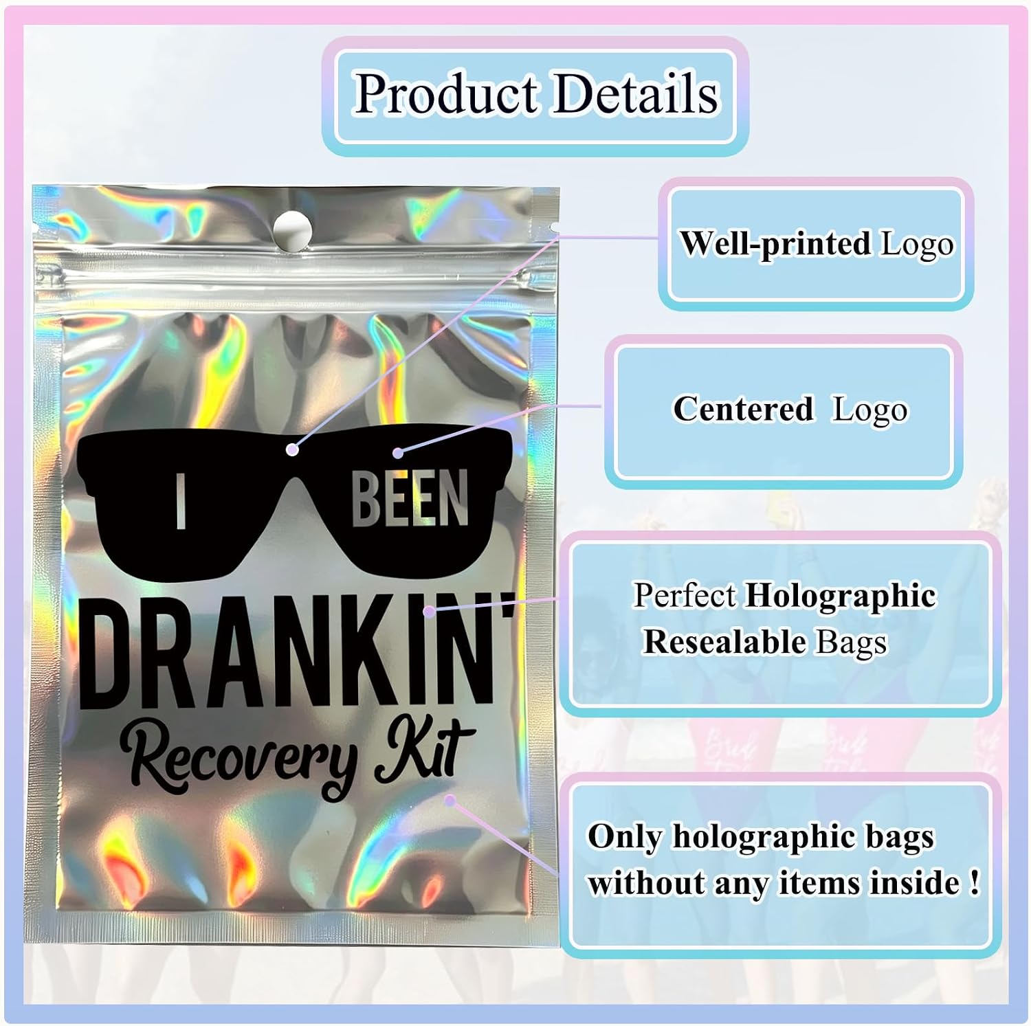 BUDICOOL 10 pcs I BEEN DRANKIN' Recovery Kit Bags—Pre-Printed Holographic Resealable Bags(Without Self-Care Kits),Ideal for Bachelorette Party Favors and Birthday Hangover Kits(5" x 7") image 2