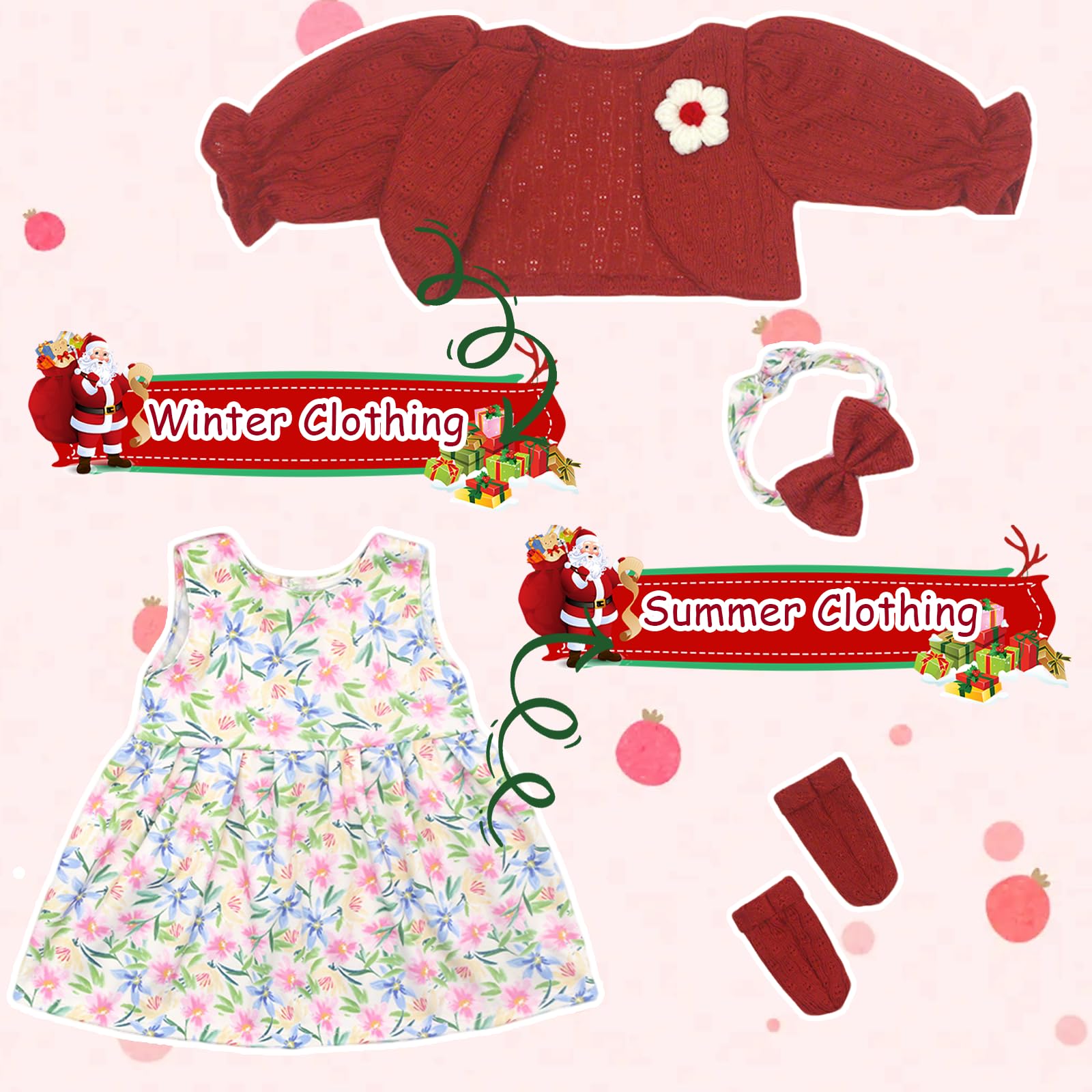 Set Di Vestiti Per Bambole 18-22 Pollici (45-55 Cm) - Gonna Floreale Rossa Con Cappotto, Fascia, Borsa E Calzini