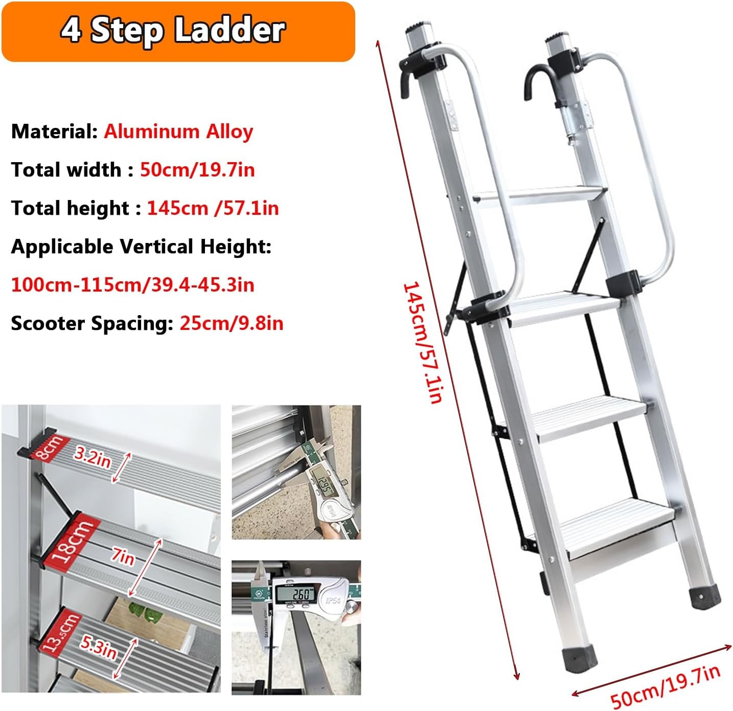 Aluminum Bunk Bed Ladder with Adjustable Handrail, Heavy Duty Anti-Slip Climb Ladder for Loft, Truck, Boat Safety Access