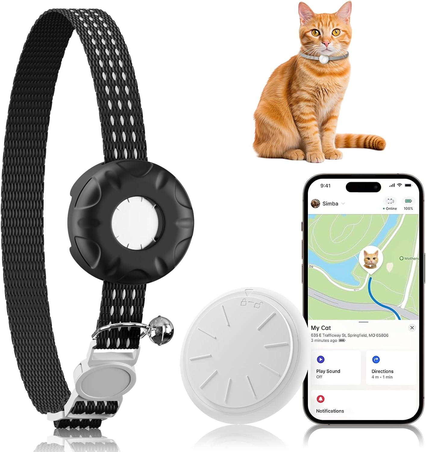 Cat Tracker, No Monthly Fee, Waterproof Pet Tracker for Cats, Compatible with Apple Find My App (Only iOS), Black