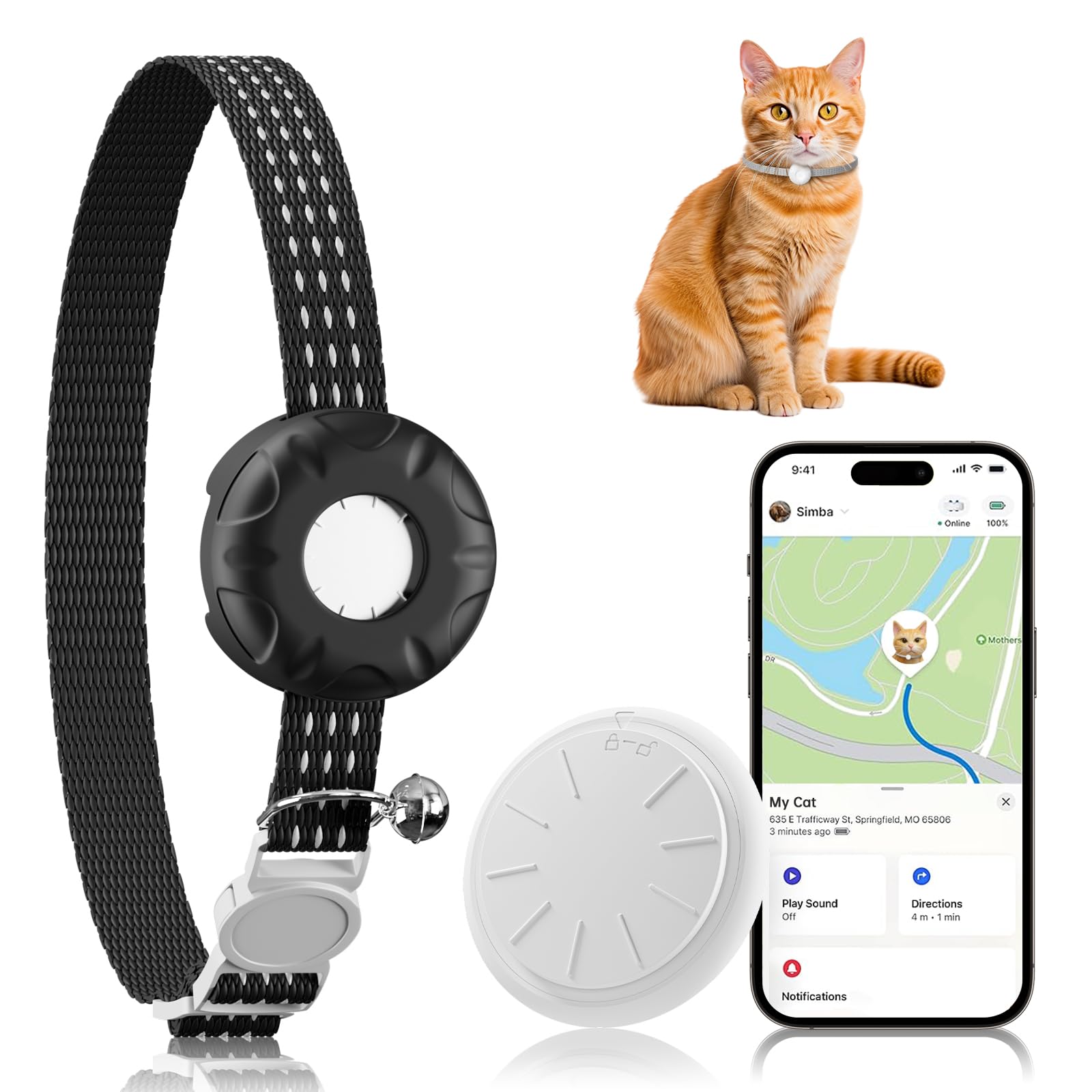 Cat Tracker, localizzatore GPS, compatibile con Apple Find My App (solo iOS), posizione in tempo reale, Pet Tracker senza abbonamento richiesto, cronologia territorio e posizione, collare staccabile