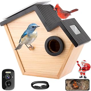 Bird House with Camera for Small Birds Nesting, 2K HD Wi-Fi Bird Watching Cam with Solar Powered, Motion Detection&Notify, Night Vision, APP Control, Smart Wooden Birdhouse with Camera Inside
