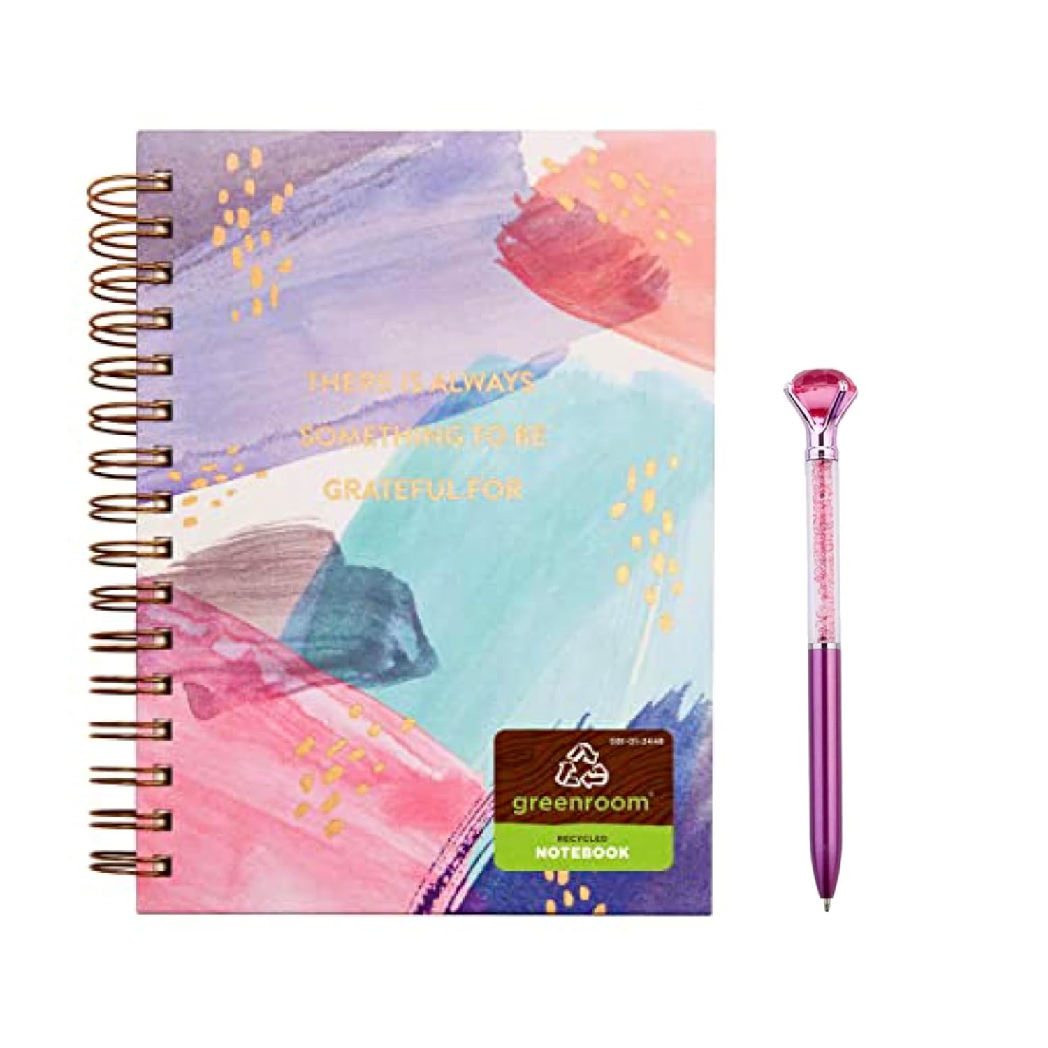 GreenRoom Hard Cover Spiral Lined Journal 6'' X 8.25'' includes 320 pages and Sparkles Diamond Pen (Rainbow)