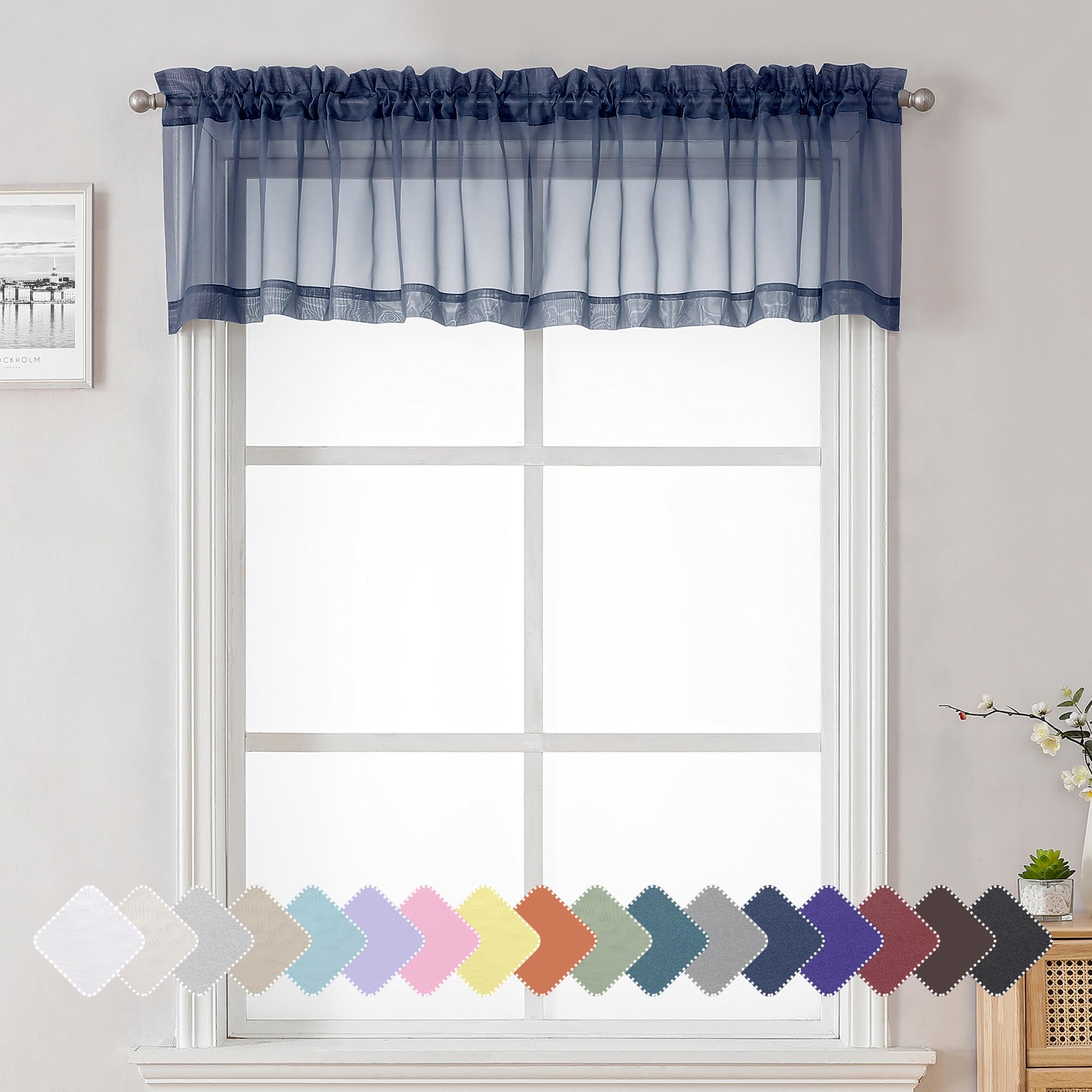 Lecloud Navy Blue Window Valance 14 Inches Long 2 PCS, Solid Voile Blue Curtains Dual Rod Pockets, Living Room Bedroom Bathroom Kitchen Curtain Half