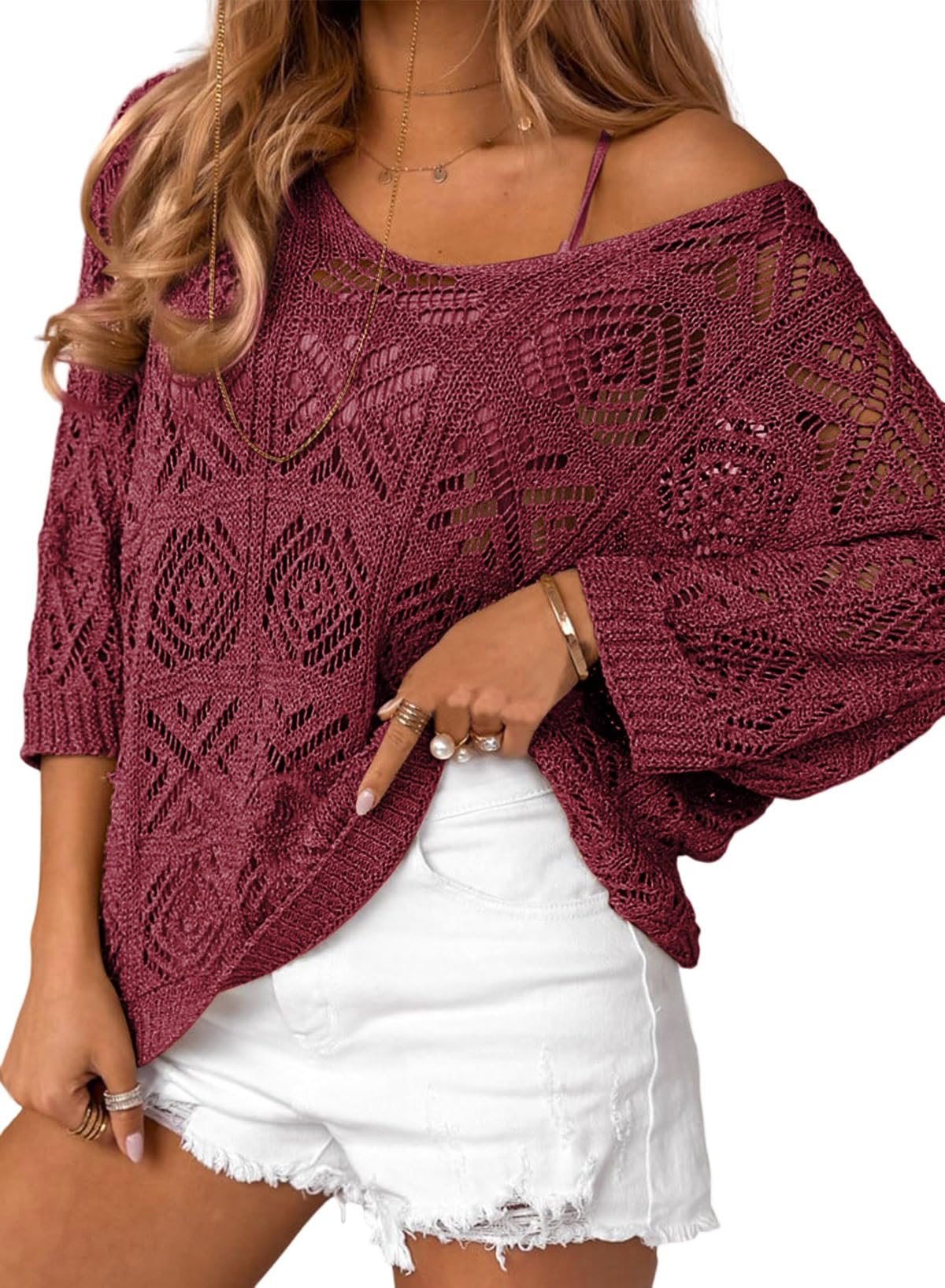 Sidefeel Women's 2025 Spring Summer Crochet Tops Off The Shoulder Hollow Out Knit Tops 3/4 Sleeve Pullover Sweater Cover Ups