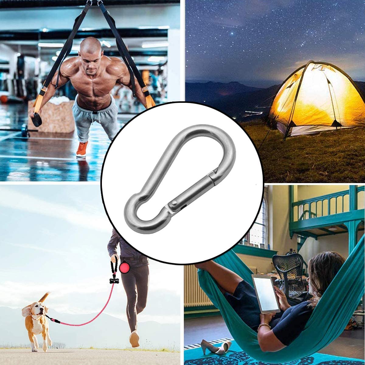 Mosquetón de acero inoxidable 304 con resorte para camping, senderismo, viajes, pesca