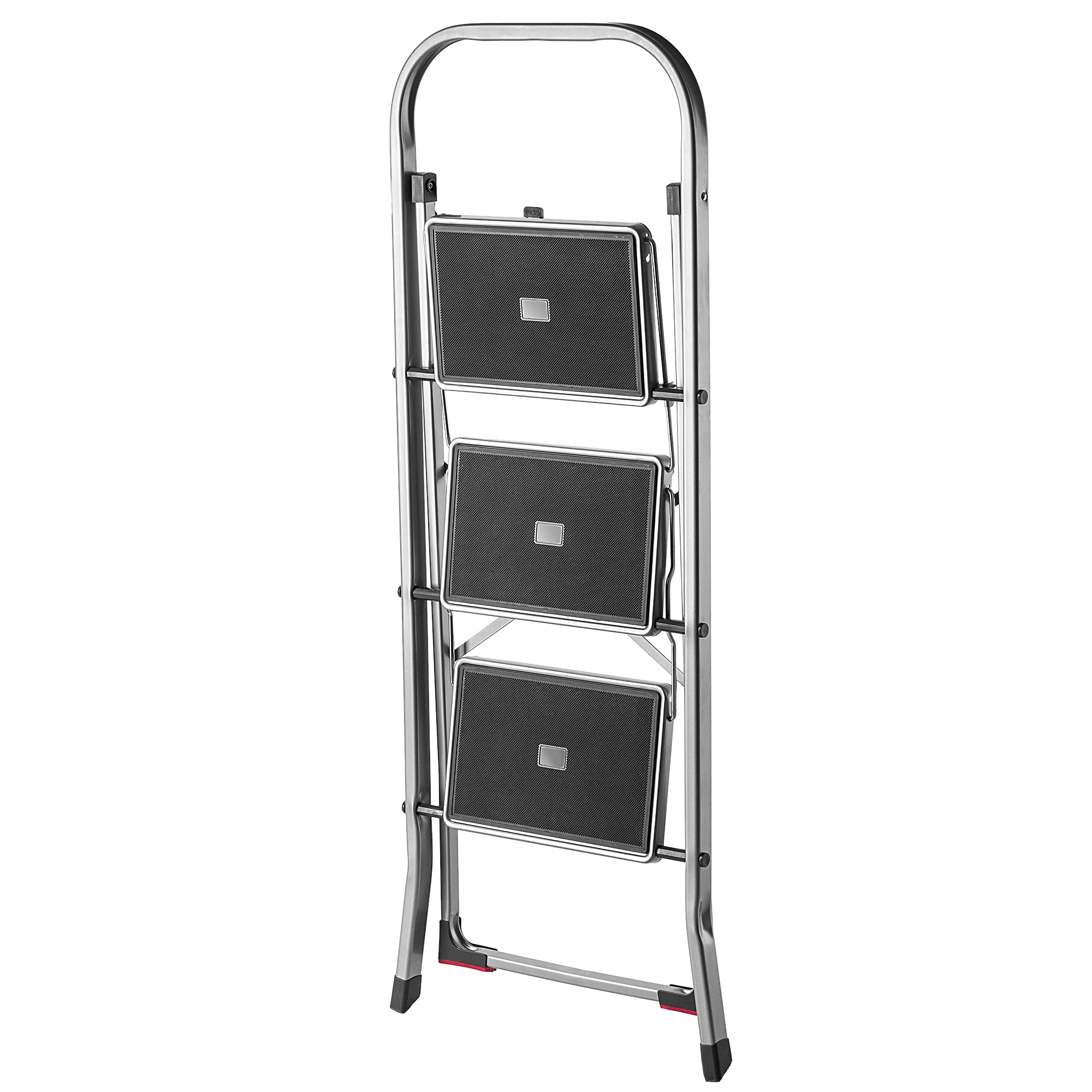KADAX Drabina aluminiowa, mała, 3-stopniowa, srebrna, 105 x 76 cm, nośność 150 kg, składana, antypoślizgowa
