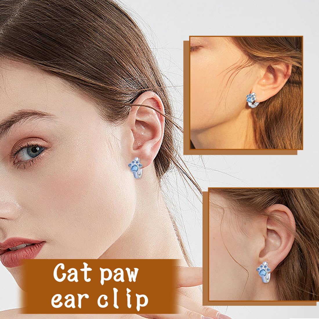 Aretes de pata de gatos con diseño huella Cristal Circonita, Joyería Elegante para niña, Azul Brillante