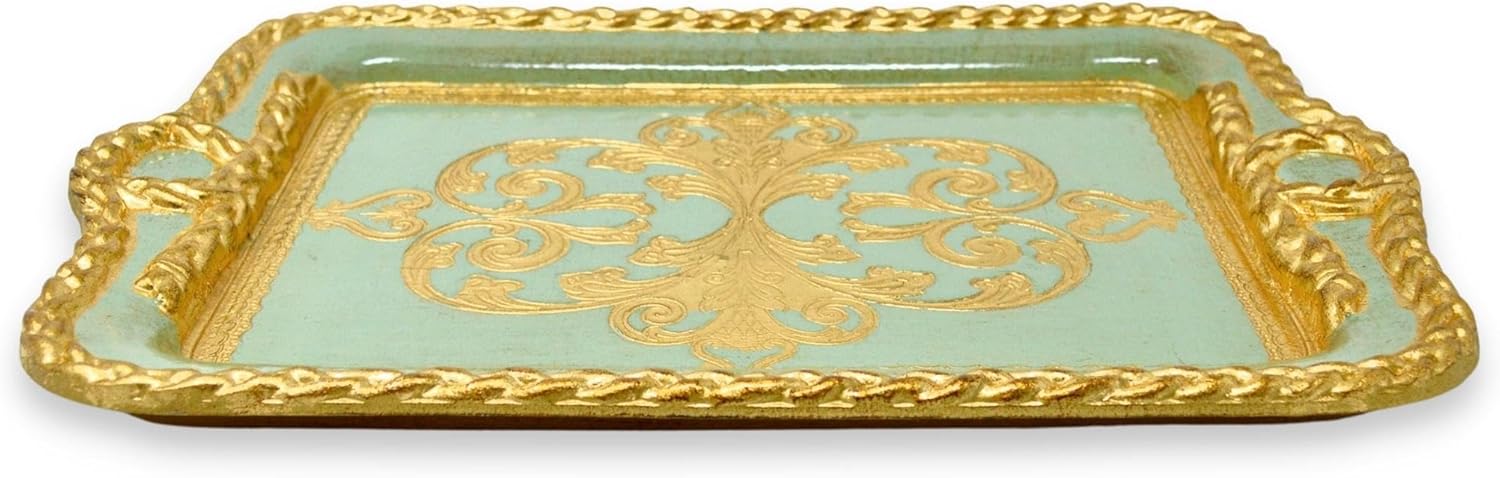 Large Florentine Wood Vintage Serving Tray, 16.5" x 11.5", Rectangle, Rope Handles, Tray Decor, Coquette Room Decor, Jewelry Tray, Vintage Decor, Made in Italy (Sage)