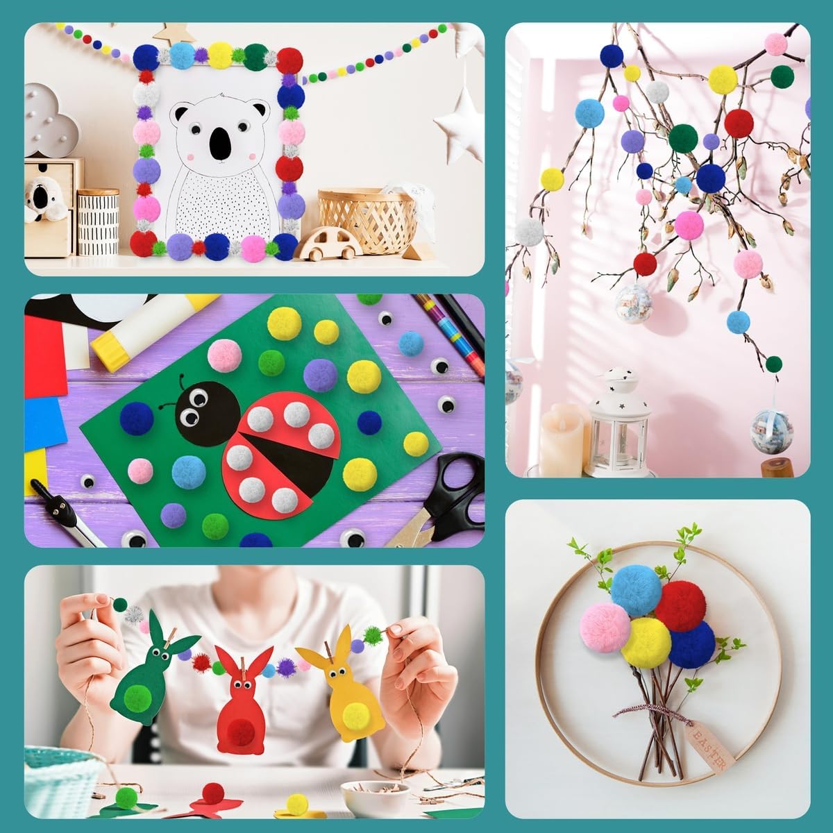 1200 Pcs Pom Poms, Multicolor Pom Poms, Bulk Pack, Assorted Sizes & Colors with 250 Googly Eyes, Glittery Fuzzy Balls for DIY Crafts and Decorations