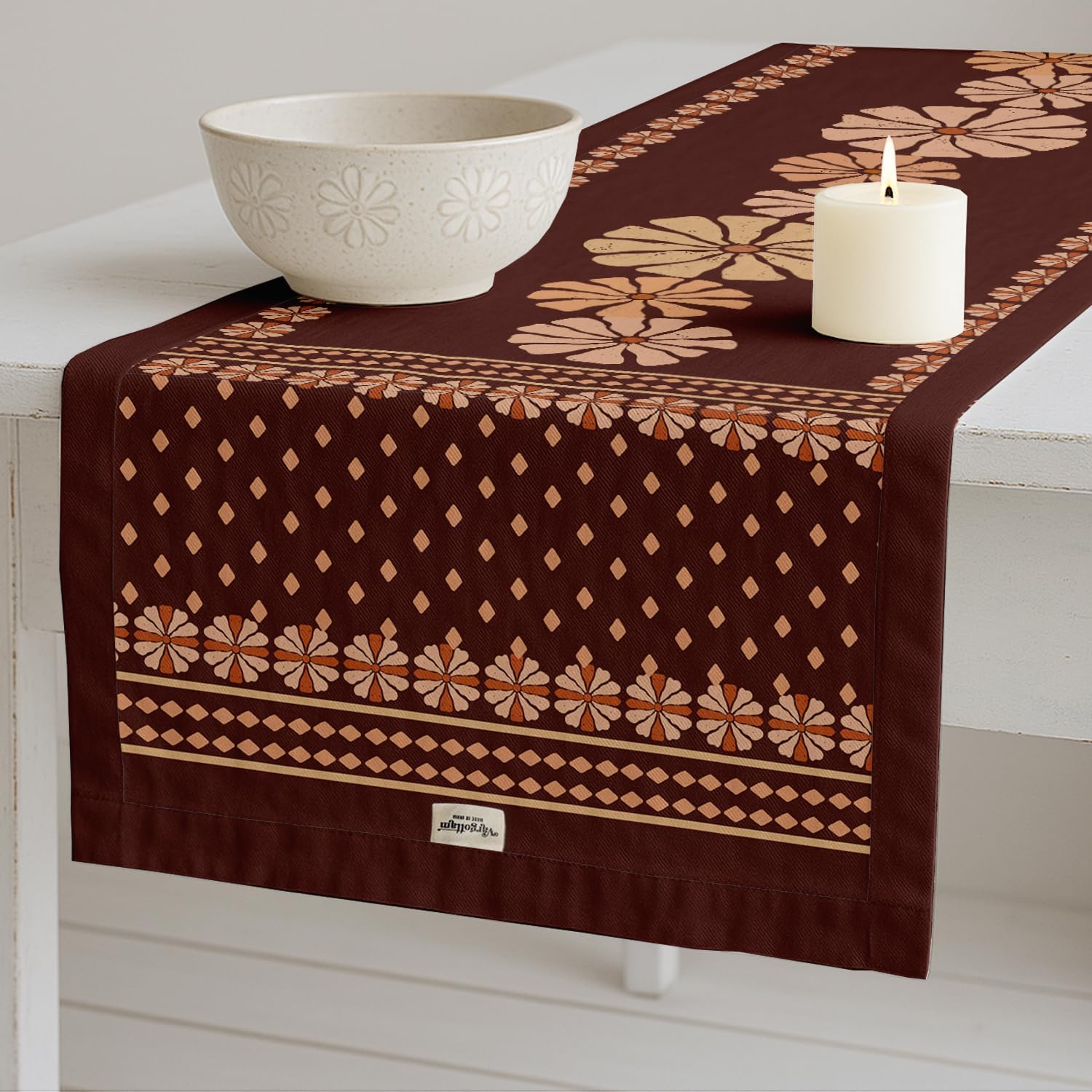 Floral Design Cotton Table Runner by Vargottam - Double Layer with Border - Washable Runner - Decorative Table Linen for Dining & Everyday Use