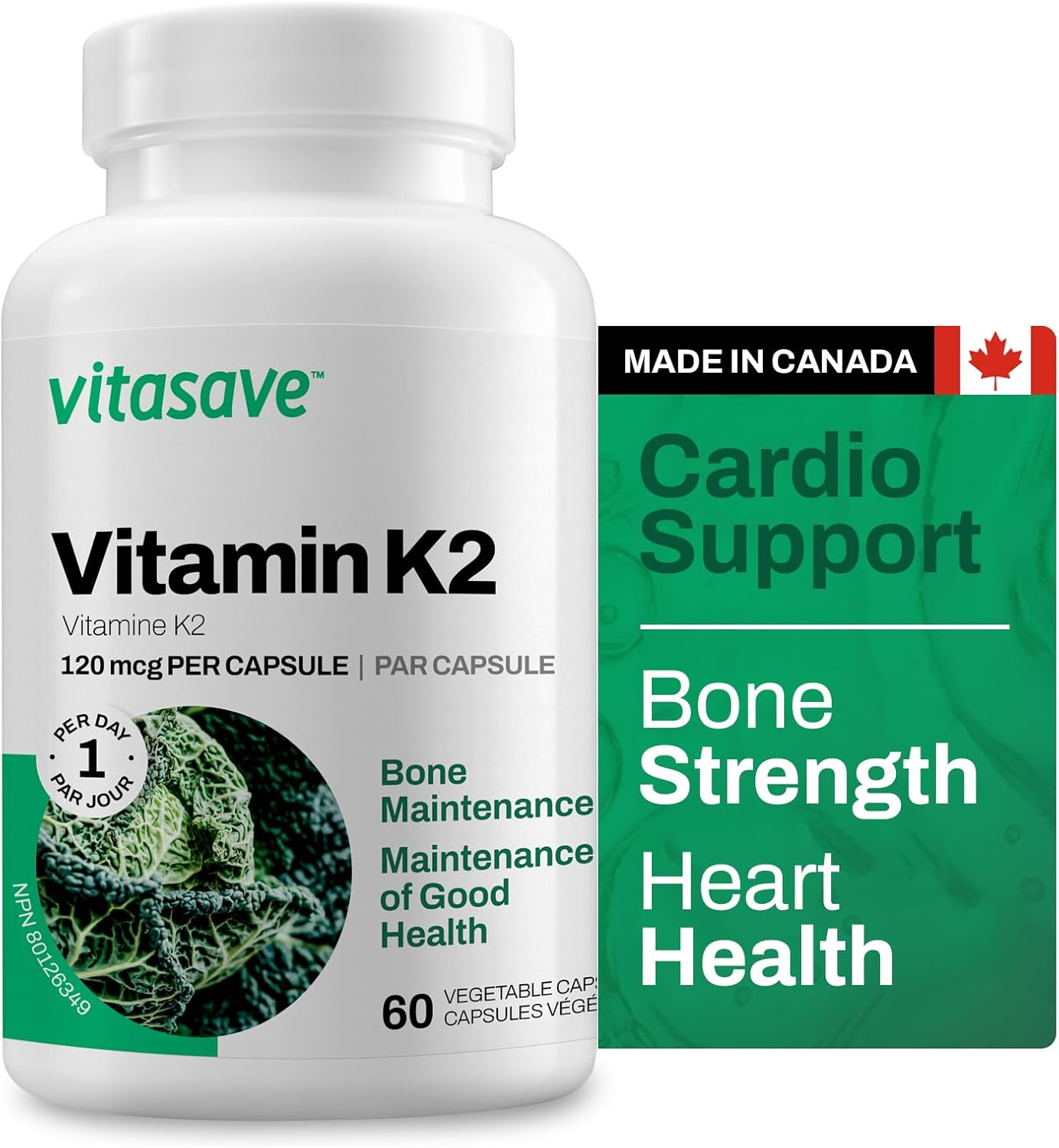 Vitasave Vitamin K2 120mcg 60 Vegetarian Capsules | Supplement with Premium MK-7 | Non-GMO Formula with Maximum Absorption | Supports Healthy Bone Maintenance | Made in Canada