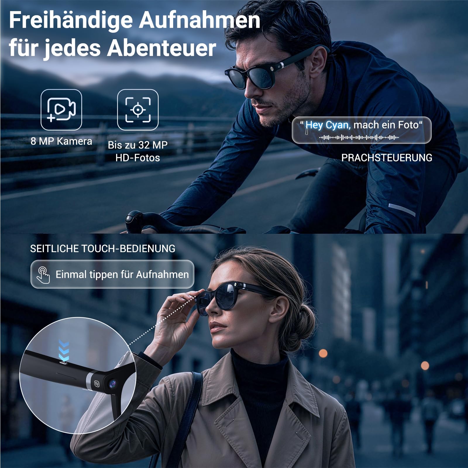 KI Brille mit Kamera, 8MP Kamera, 1080P HD Videoaufnahme mit EIS, Open-Ear Audio, ChatGPT KI, Echtzeitübersetzung, Objekterkennung, selbsttönende Brillengläser mit Blaulicht- und UV-Schutz
