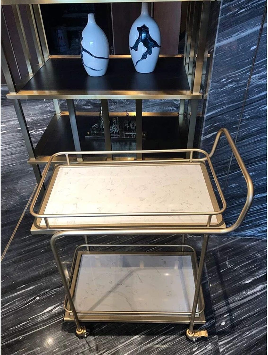 Trolley Kitchen Storage Cart Kitchen Serving Carts Rolling Bar Cart with 2 Tier Storage Shelves for Kitchen Living Room Serving Bar Cart Kitchen Storage,