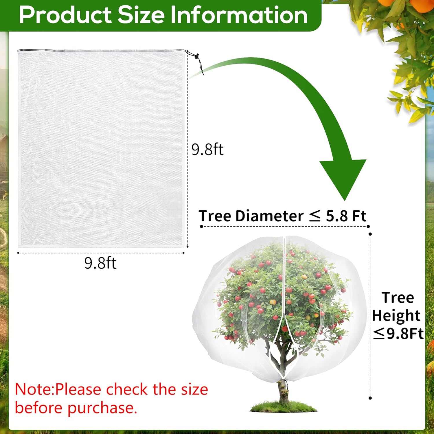 9.8 x 9.8 ft Large Fruit Tree Netting Cover with Zipper and Drawstring,Garden Insect Netting Plant Cover Transparent Bird Plant Barrier Flower Fruit Mesh Screen for Preventing Deer Squirrel Bug