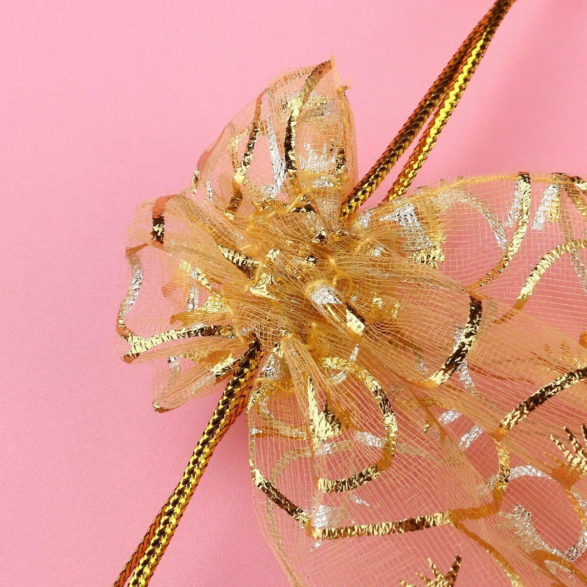 DMS RETAIL Printed Organza Bag Pouches|Organza Return Gift Bags|Drawstring Pouches For Wedding| Jewelry Gift Bags for Party Golden Pack Of (20) - Image 5 thumbnail