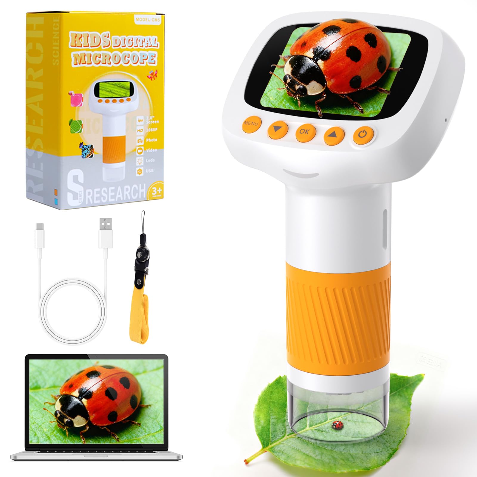 Pocket Kids Microscope for Over 3 Years Old, 1000X Handheld Microscope for Kids w/2''IPS Digital, Photo Video Mini Portable Microscopes, Science Edu Digiscope, Birthday Gifts Ideas for Kids