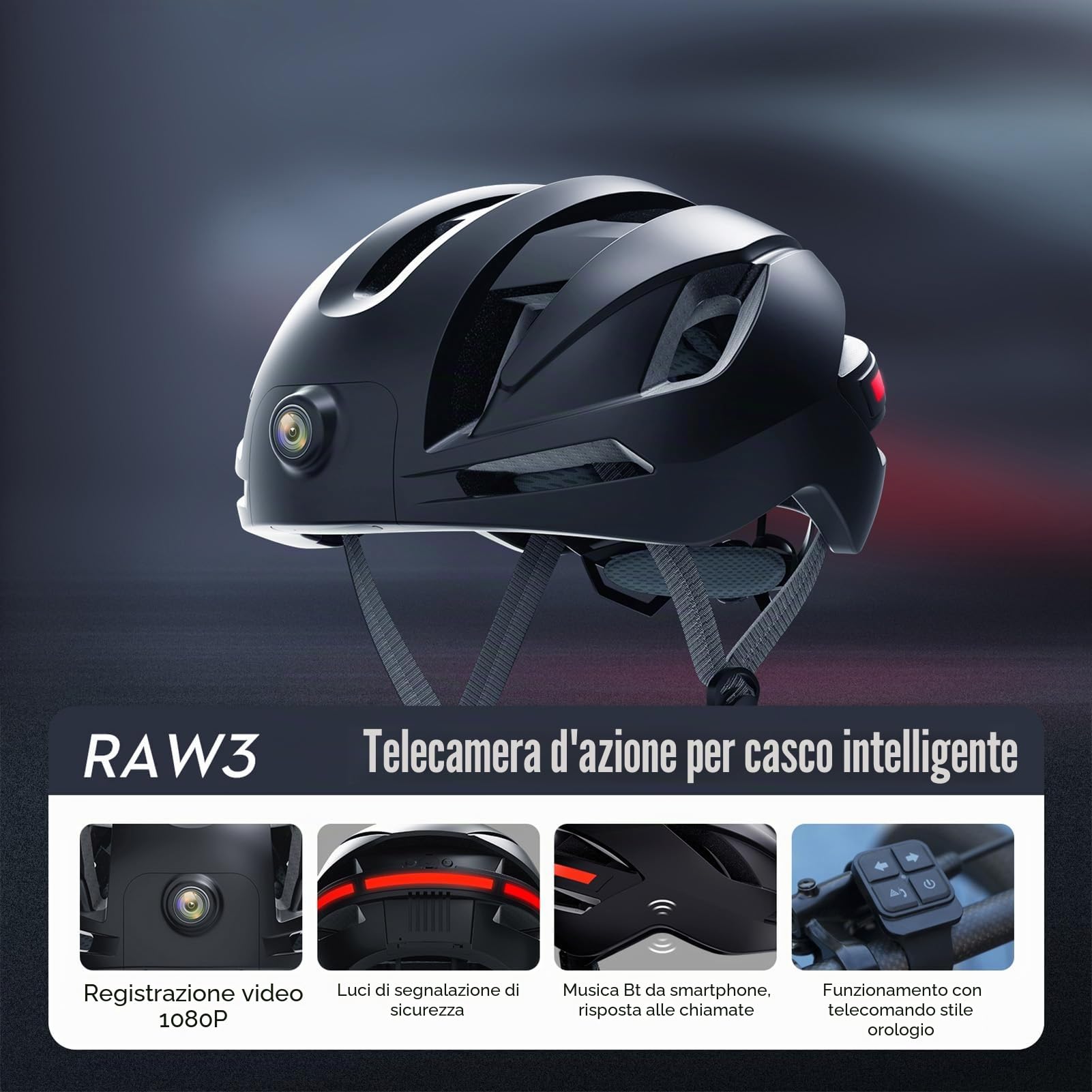 Fockety Casco da bici intelligente, 58-61cm, connessione wireless, Bluetooth, con telecamera 1080P e indicatori di direzione, display LED ABS per mountain bike/bici corsa all'aperto