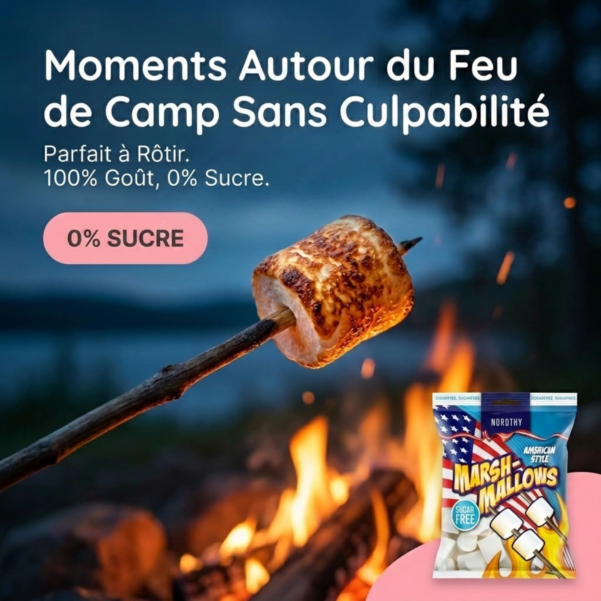 Nordthy Marshmallows American Style Sans Sucre 2x100g – Guimauves Moelleuses à la Vanille – Confiserie Faible en Calories – Chamallows Sans Sucres Ajoutés