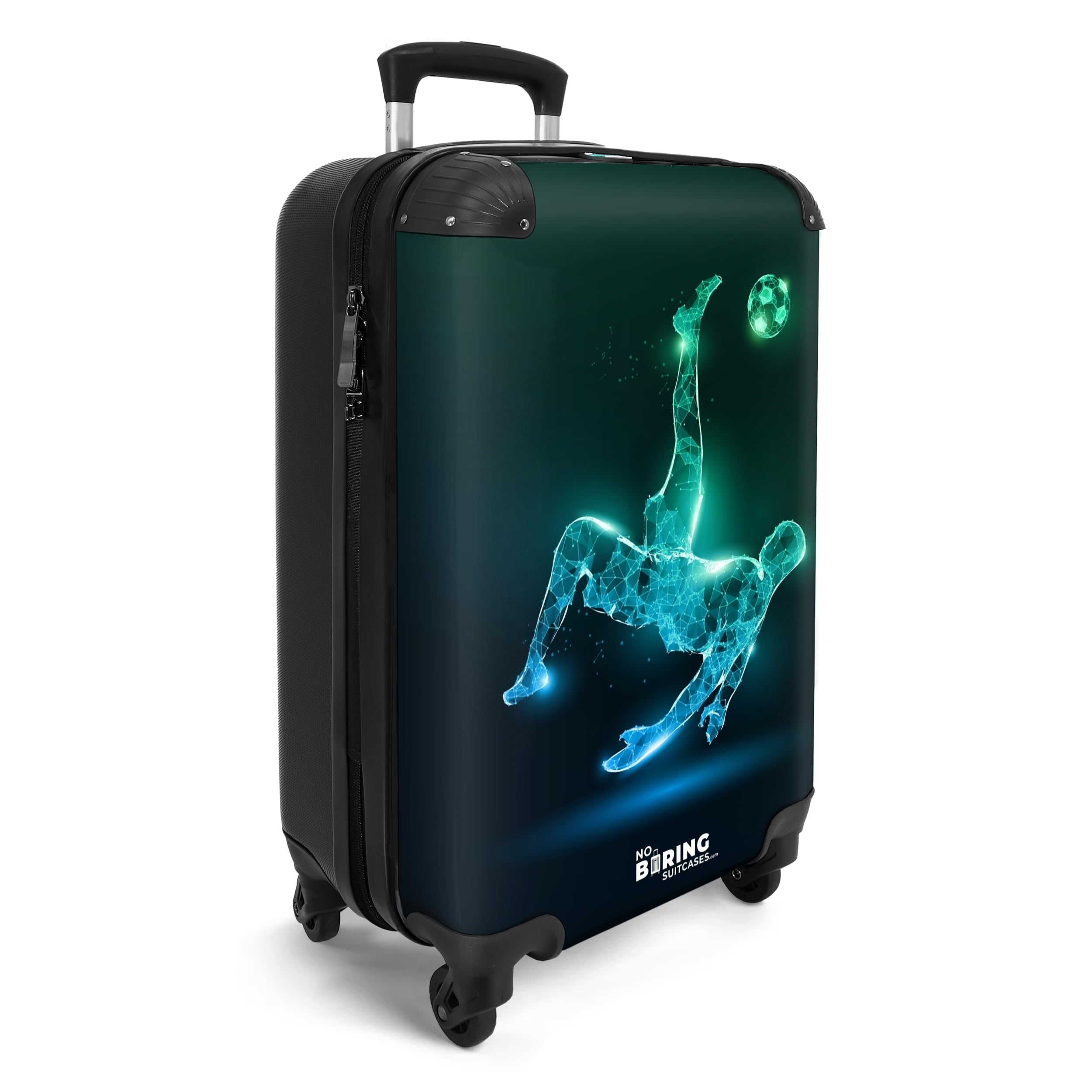 NoBoringSuitcases.com Maleta Infantil Con Ruedas, Equipaje De Mano Para Niños, Cabina (Futbolista - Verde-Azul, 55x40x20 cm)
