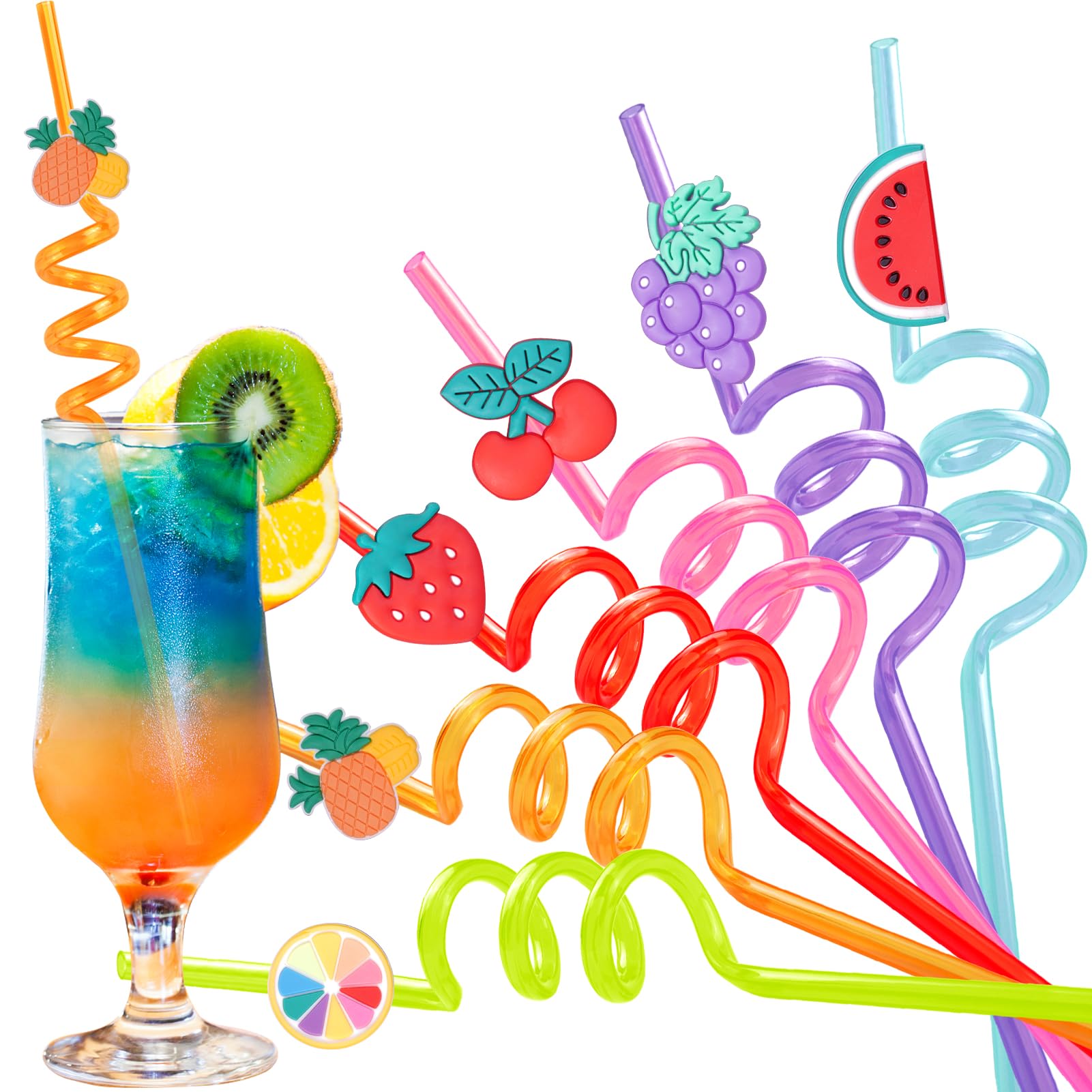 Summer Reusable Drinking Straws, 12 Pcs Fruit Theme Reusable Straws Long Plastic Straws for Pool Beach Cocktail Party Decorations, Straws Drinking Plastic Reusable Perfect for Birthday Celebrations