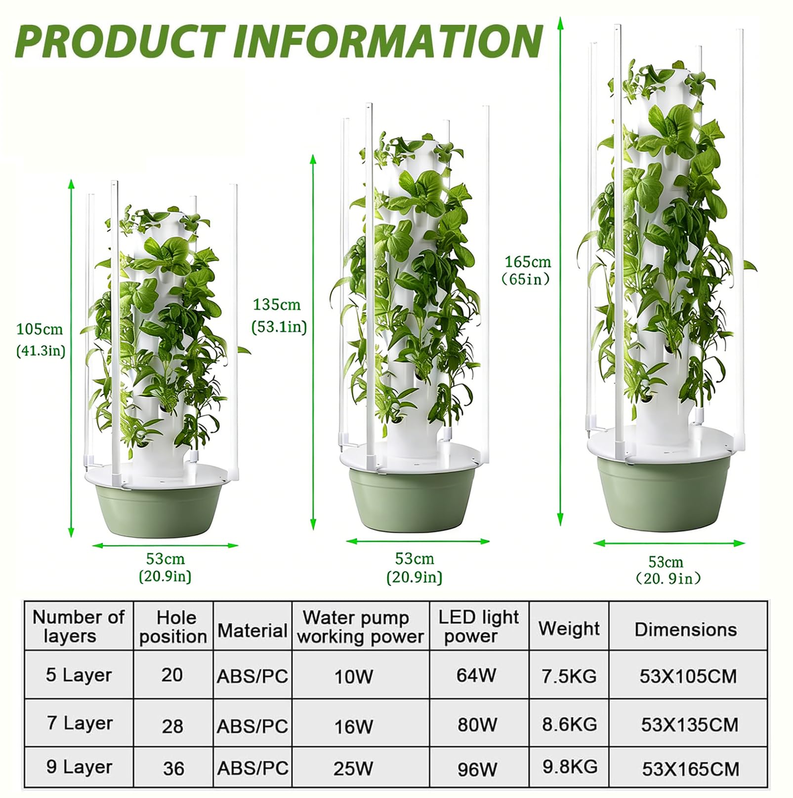 Kit de sistema de cultivo hidropónico, torre vertical con circulación automática de agua, uso en interiores y exteriores, 4 luces LED y temporizador, 9 capas para verduras y frutas