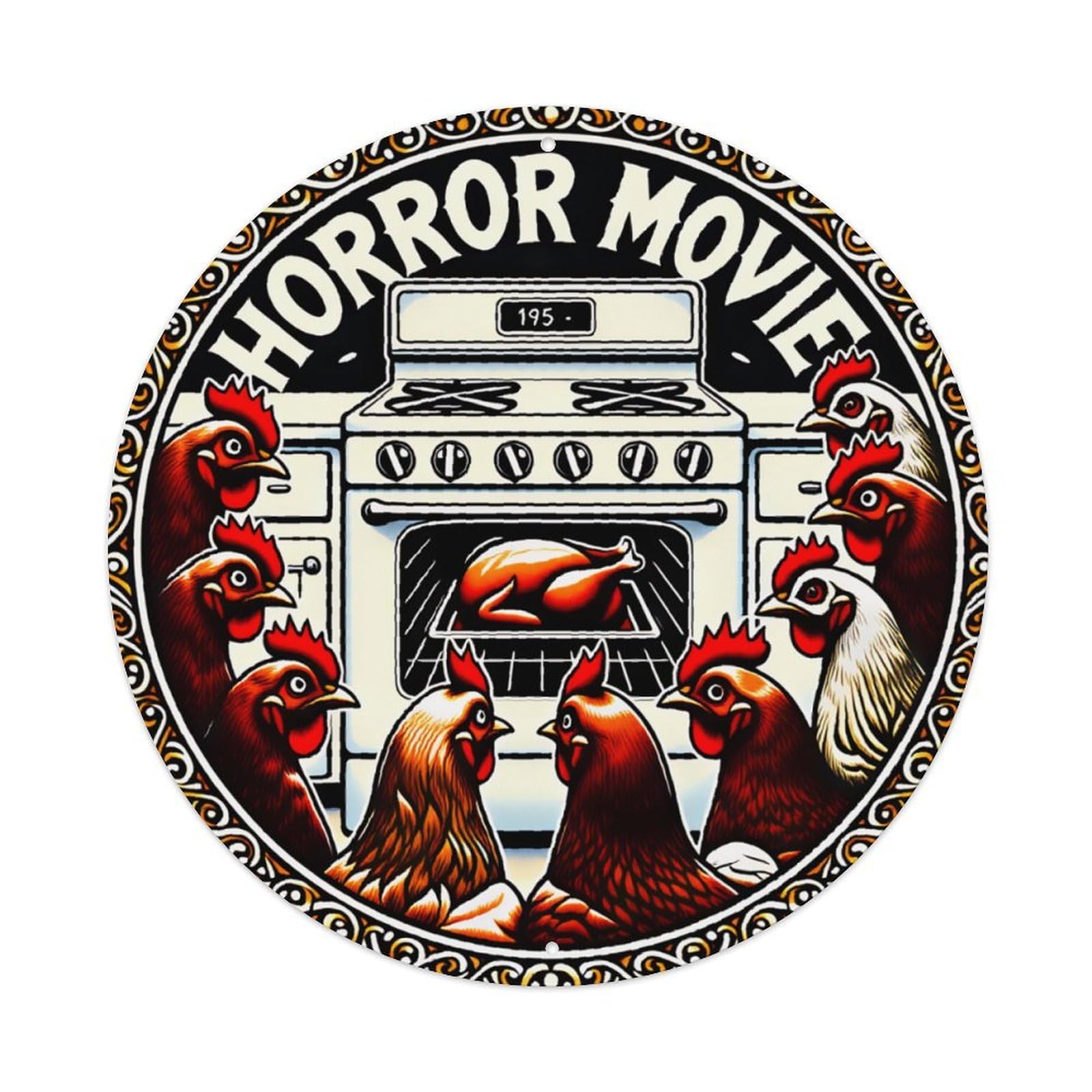 Ldfuieksufg Style Funny Horror Movie Roasted Chicken Farm Rooster Round Wall Sign Vintage Aluminium Metal Sign, Retro Wall Decor For Home, Bar, Garage & Farmhouse 20X20cm