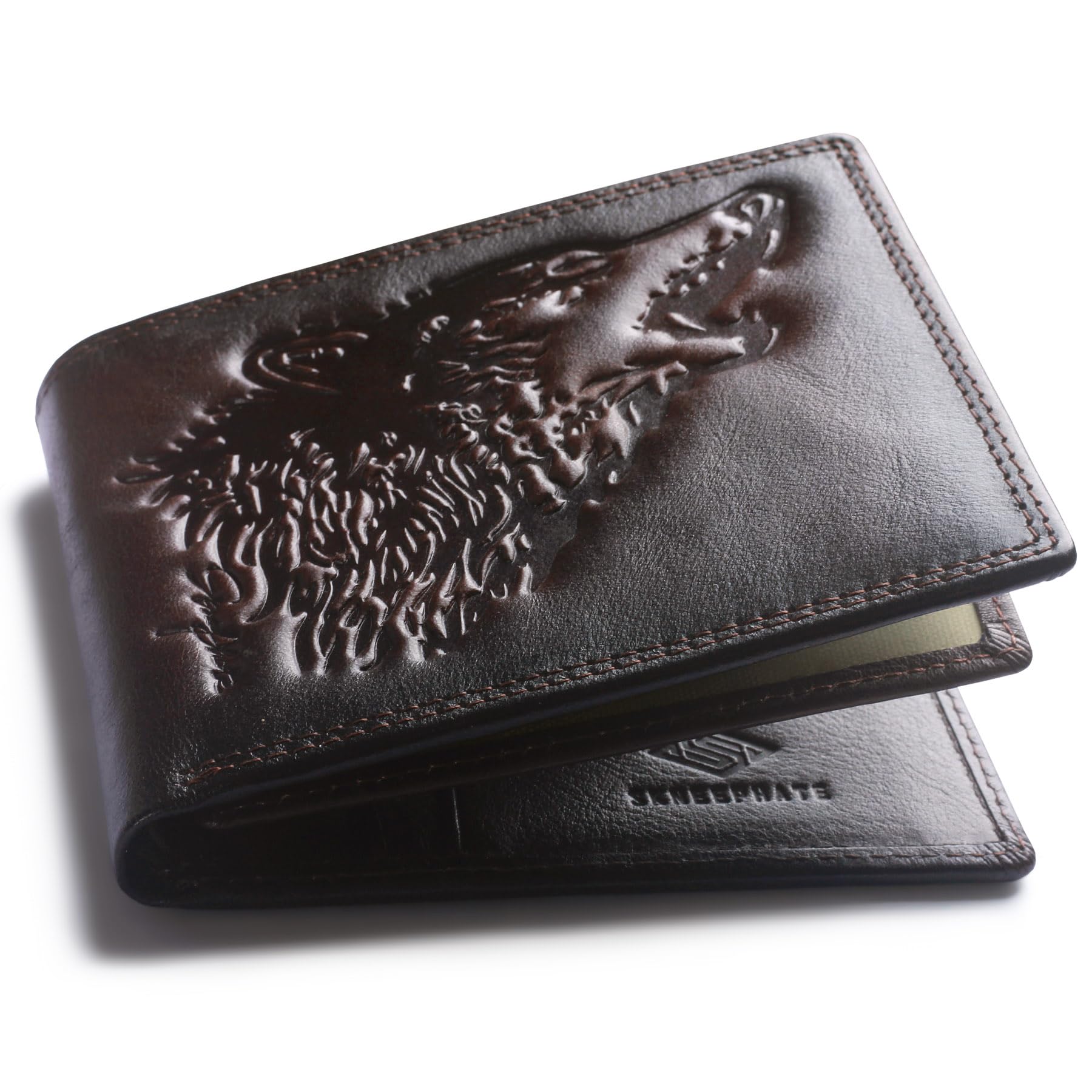 skneephate Wolf Large Wallets for Men Genuine Leather Bifold Extra Capacity Rfid Blocking Gifts for Him Husband (coffee)