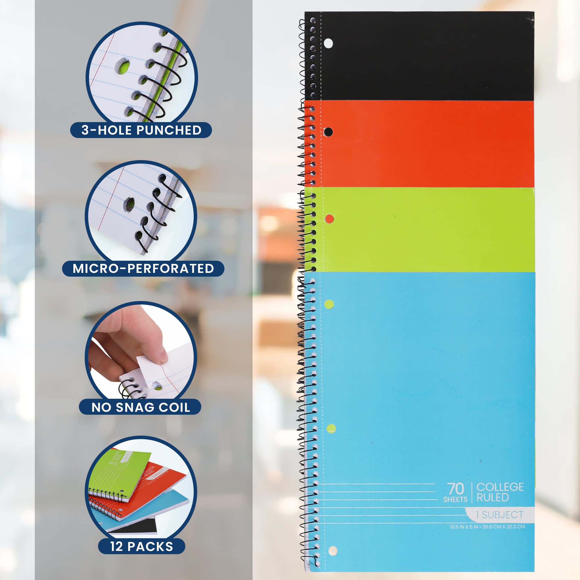 Lot de 12 carnets à spirale, 1 sujet, cahiers lignés – 70 feuilles – Perforés à 3 trous, pour l'école, la salle de classe, la maison, le bureau – Pages perforées, couleurs assorties