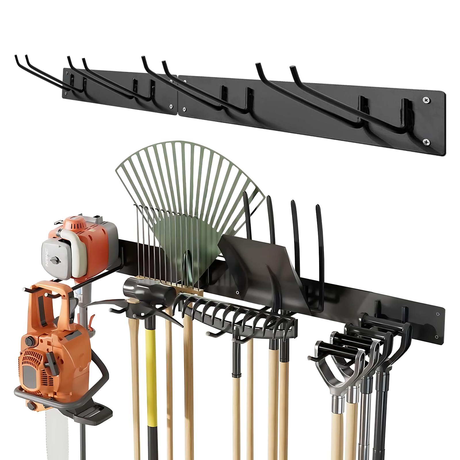 ELESKY Gartengerätehalter Wandhalterung aus Metall, Werkzeughalter mit 4 Doppelhaken, stabil & belastbar, Besenhalter für Garten, Garage und Werkstatt, Schwarz
