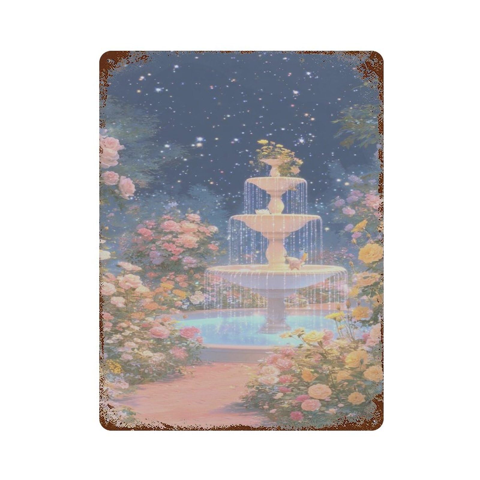 xiaoxiaoshen Magical Fairy Garden Romantic Fountain Dreamy Rose Floral Wall Decor Art Metal Tin Poster Modern Home Decor Art Home Bar Shop Decorations Vintage Sign 40x30cm