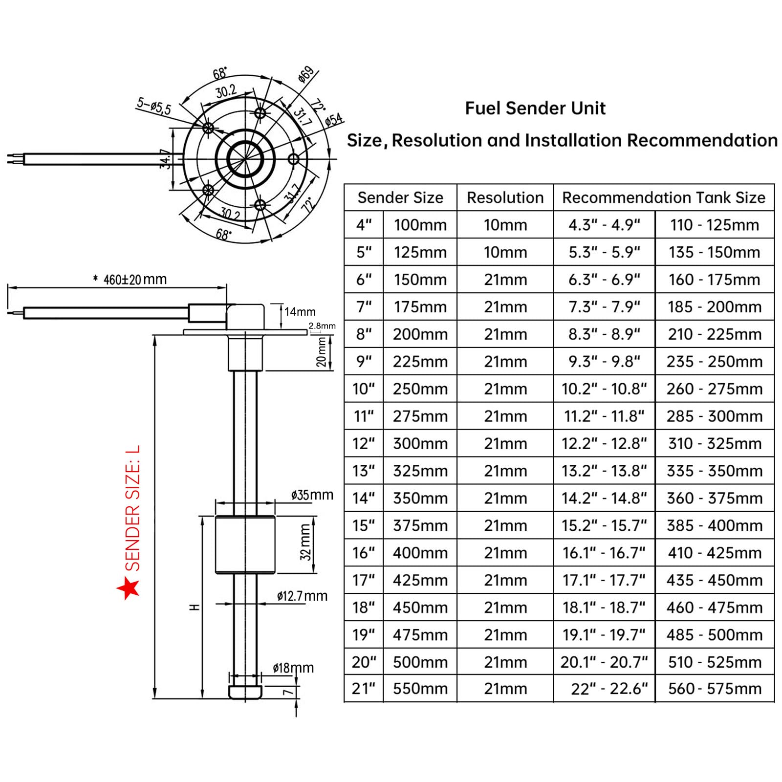 Geloo Capteur de Niveau de Carburant, 0-190 Ohm Capteurs de Niveau d'eau Jauge de Niveau de Carburant pour Véhicules et Bateaux (200mm)