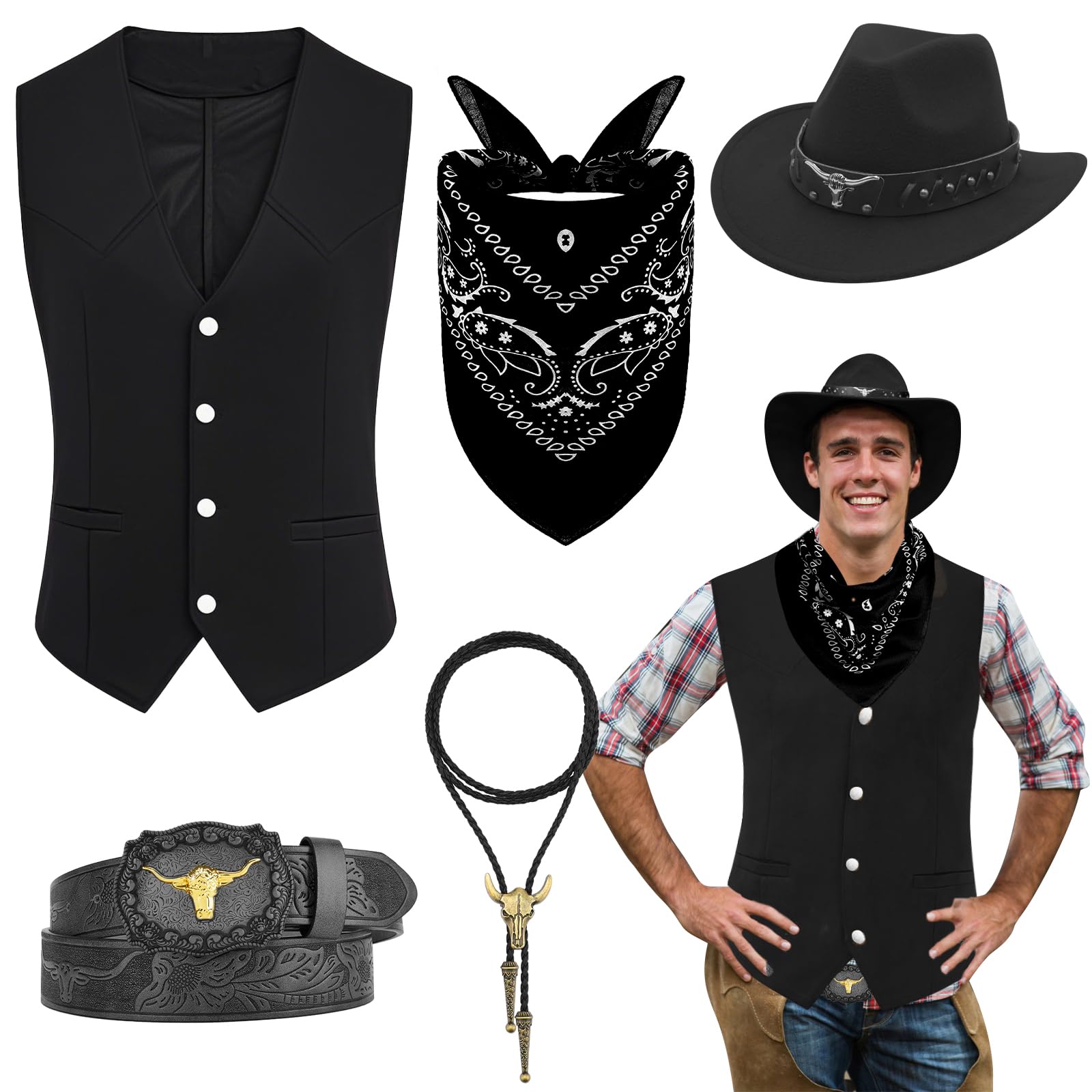Western Cowboy Costume Set 5PCS Cowboy Dress with Vest Hat Wide Brim Belt Bandana Bull Head Collar for Adult Men Carnival Cosplay Black
