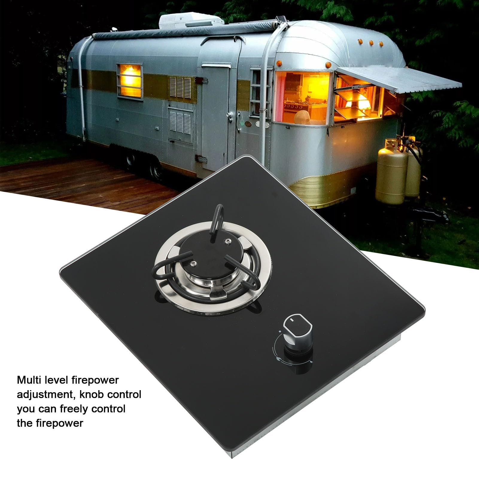Generic Estufa de Gas para Vehículos Recreativos, Panel de Vidrio Templado de 1,8 KW, Cocina de Gas Portátil, Cocina de con Base de Acero Inoxidable, Ajuste de Fuego de Varios