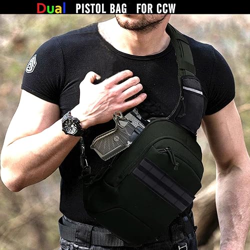 Miniatura 6 de LarKoo Bolsa táctica de pecho EDC para hombro, universal, doble funda, CCW, compacta, mochila de transporte oculta para rango, caza, senderismo,