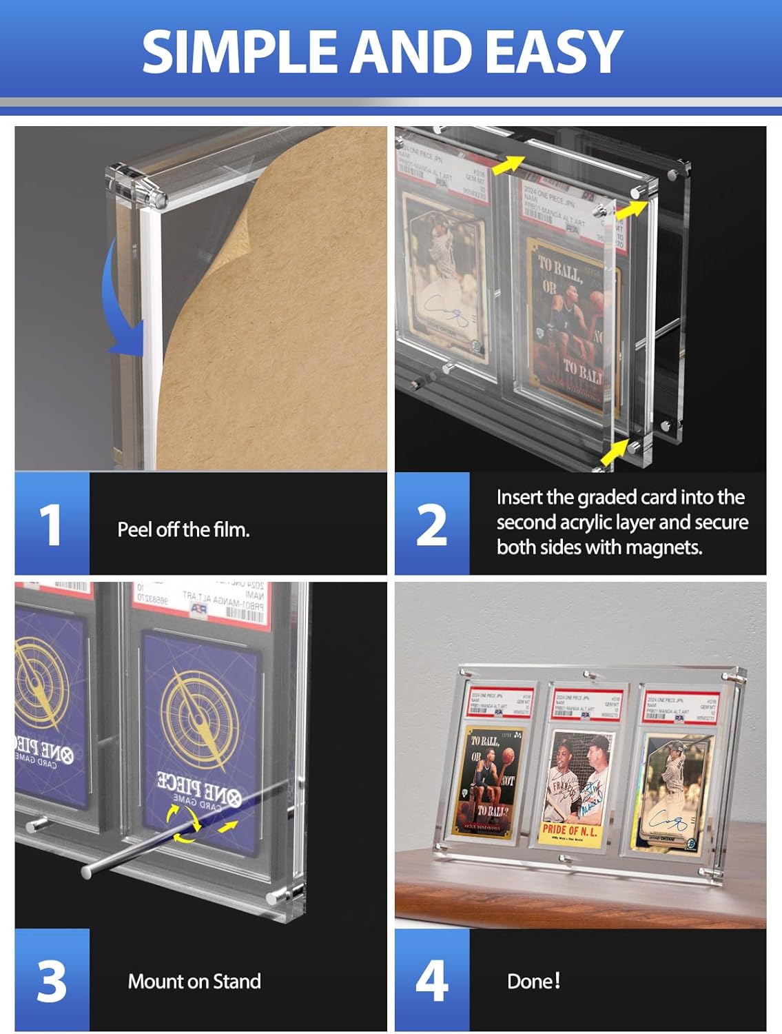 PSA Graded Card Display Frame – Magnetic Acrylic Slab Protector for PSA CGC Cards – UV Protection Graded Card Display Stand for Pokemon Baseball Trading Cards Sports Slab Case(Clear, 3-Slab)