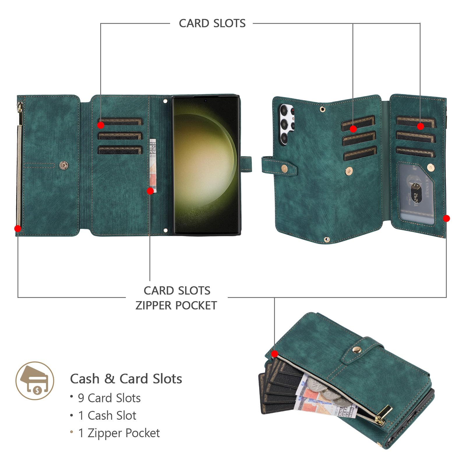 UEEBAI Wallet Case for Samsung Galaxy S25 Ultra 5G, 9 Card Holder Slots Zipper Pocket Handbag Case Magnetic Closure Kickstand with Wrist Strap TPU Shockproof Flip Case for Women - Retro Green