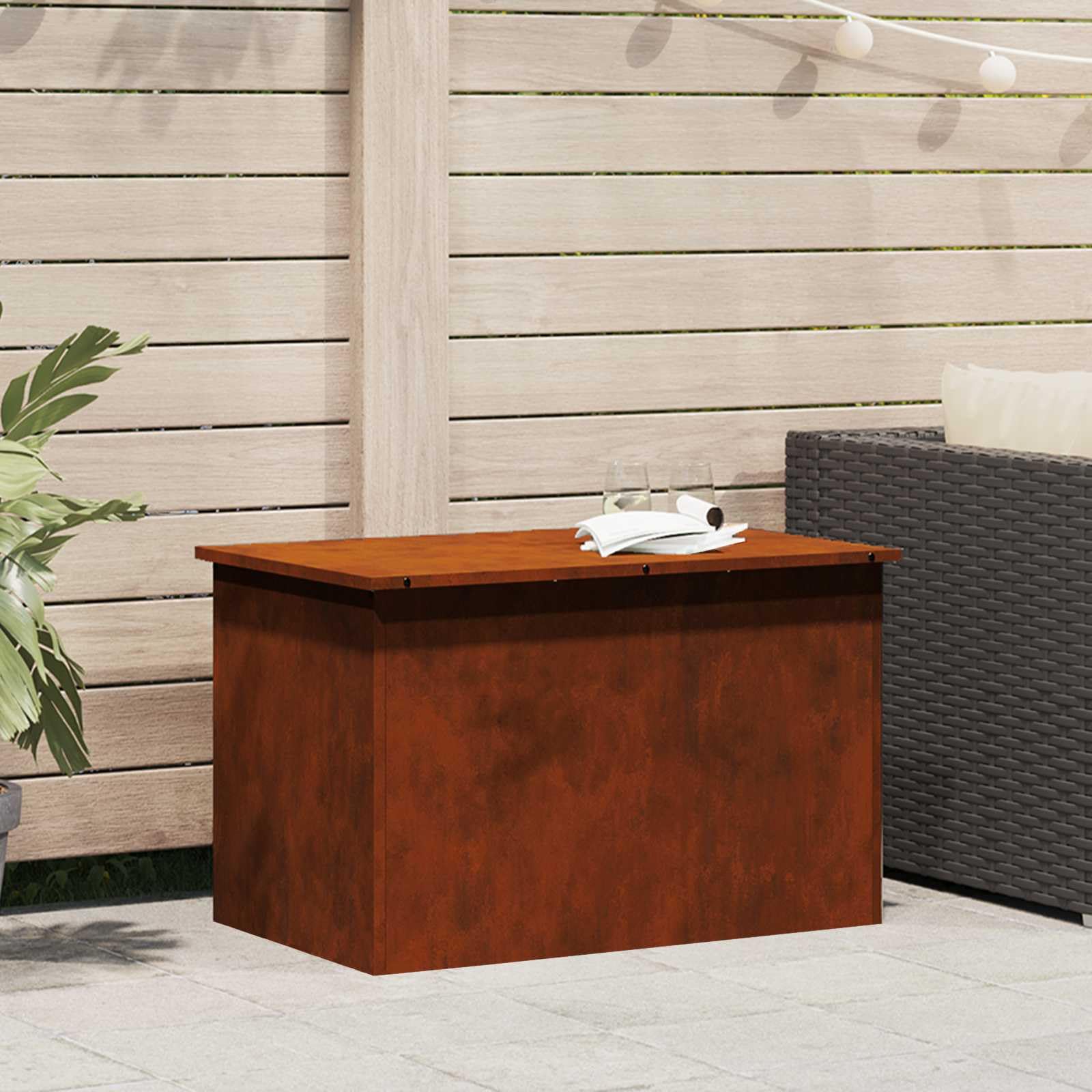 Contenitore per esterni in acciaio arrugginito, 80 x 50,5 x 50 cm, con coperchio sollevatore a gas, resistente alle intemperie, per giardino, terrazza, esterno, salvaspazio e durevole