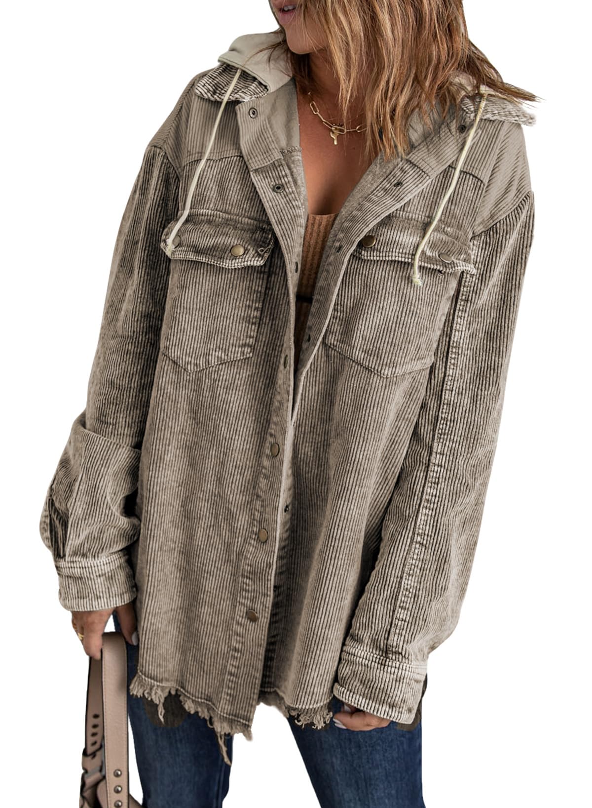 Dokotoo Womens 2025 Fall Corduroy Shacket Jacket Long Sleeve Button Down Color Block Hooded Coat with Pockets