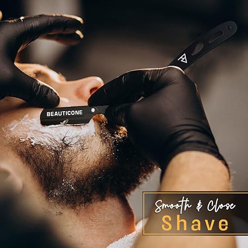 Vista 5 de BEAUTICONE Maquinillas de afeitar rectas para hombres, maquinilla de afeitar de borde recto, una sola hoja, acero inoxidable, maquinilla de afeitar