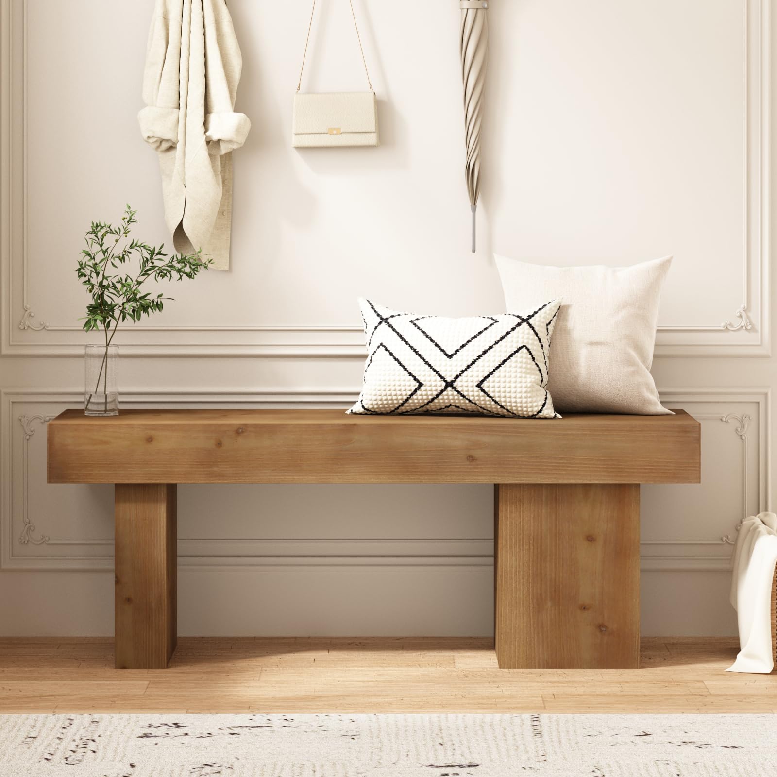Farmhouse Solid Wood Entryway Bench, 47.3" Rustic End of Bed Bench | Thickened Hollow Legs, Handcrafted Accent Seating for Dining, Kitchen, Hallway, Living Room, Bedroom, 15 Min Assembly