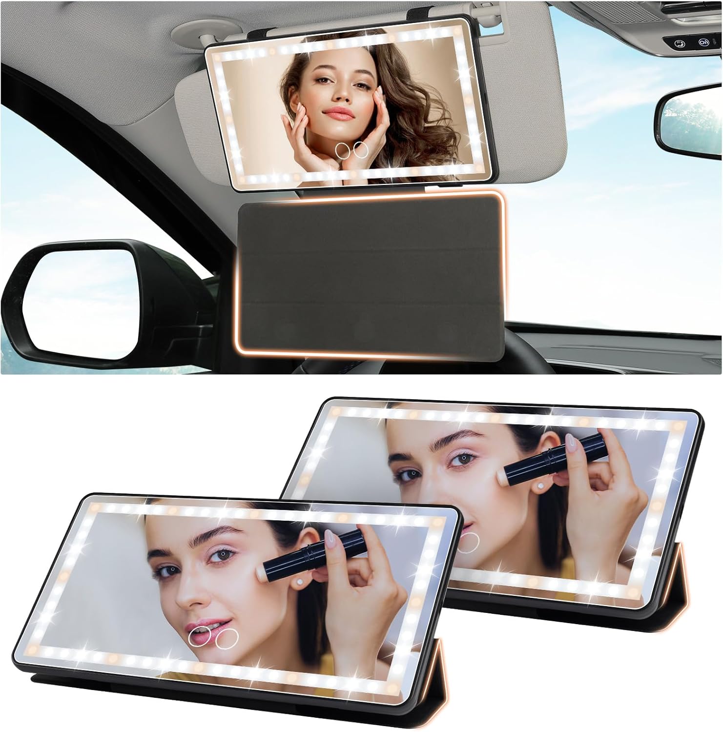 2PCs Car Vanity Mirror with Protective Cover, Rechargeable LED Mirror for Car with 3 Light Modes, Touch Control Sun Visor Mirrors with Light