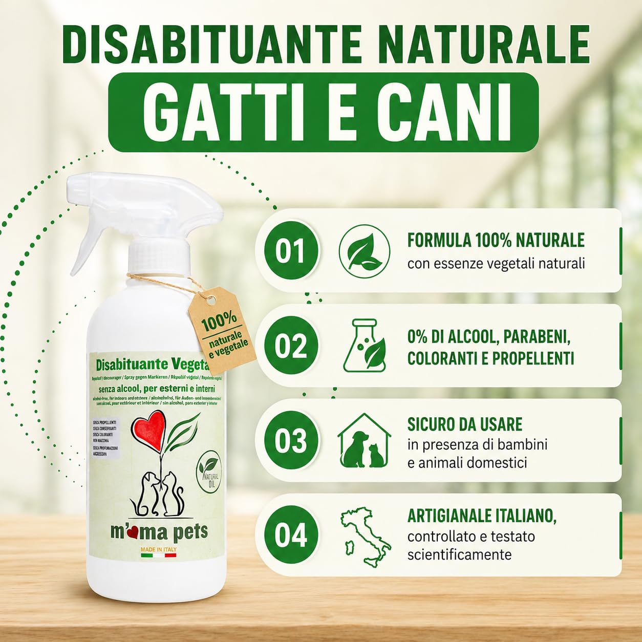 M' MA PETS Repellente Disabituante per Cani e Gatti 100% Naturale, Made in Italy - Spray Anti Urina Uso Interno ed Esterno – Formula Green a Base Vegetale Senza Alcool - 500ml